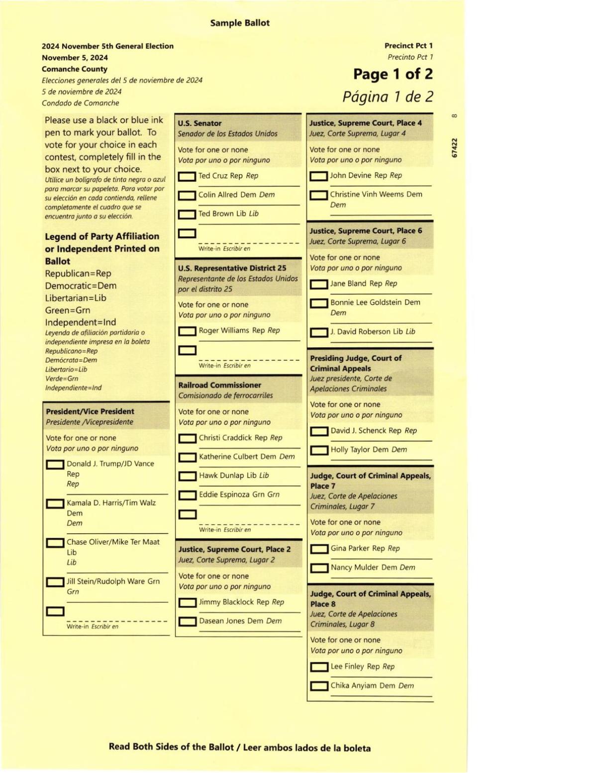 Sample Ballots for Comanche County, Texas November 5, 2024 Election