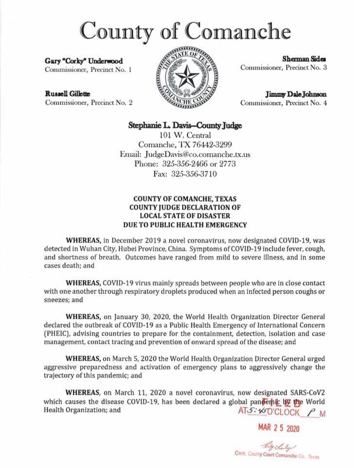 Comanche County Declaration Of Local Disaster Due To Public Health Emergency But No Shelter In Place Order Coronavirus Covid 19 Thecomanchechief Com