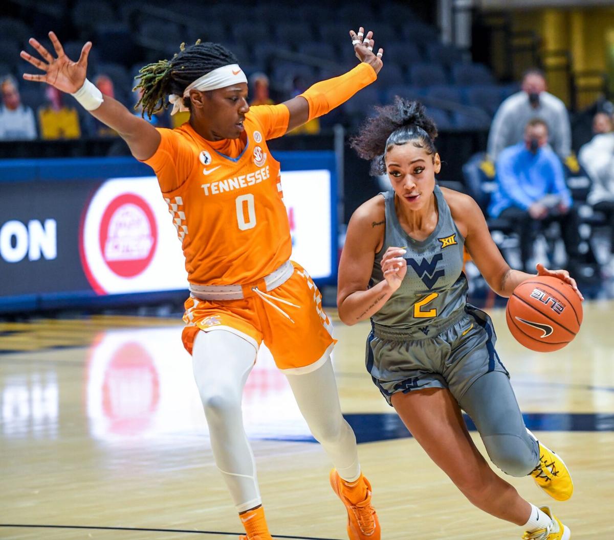Mountaineer senior Kysre Gondrezick drives to the basket against Tennessee on Dec. 6, 2020.