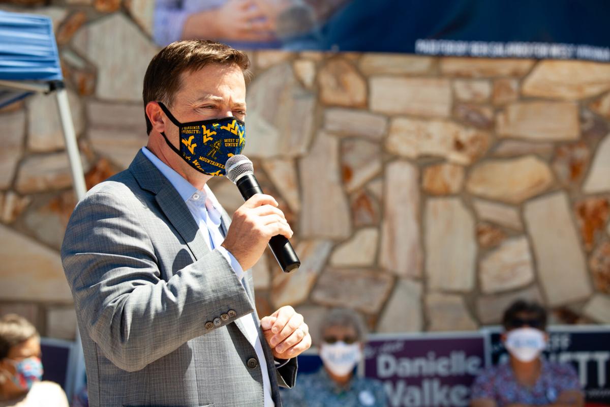 Democratic gubernatorial candidate Ben Salango speaks at the ribbon cutting ceremony for his campaign's Morgantown field office on August 19, 2020 .