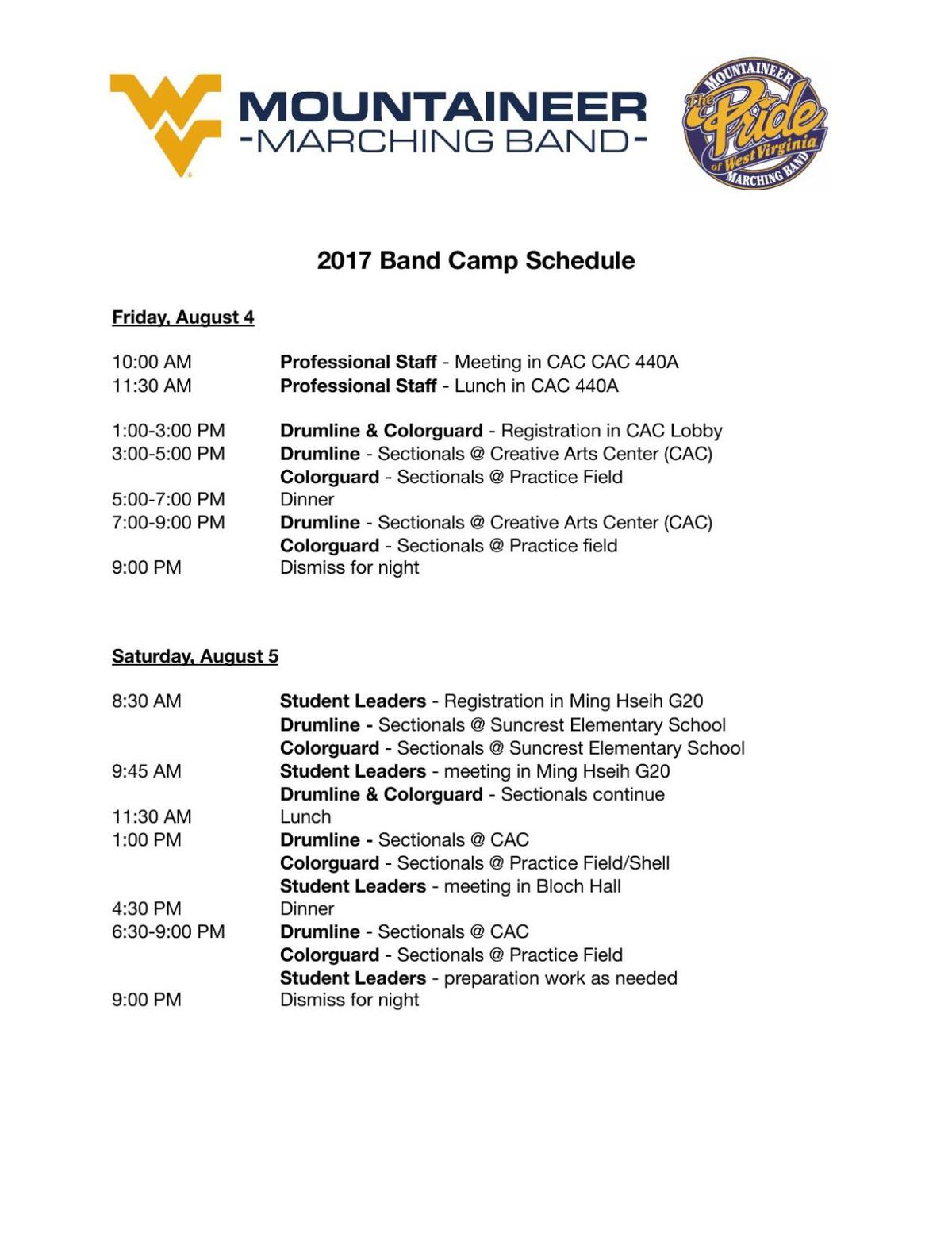 WVU Band Camp Schedule | | thedaonline.com