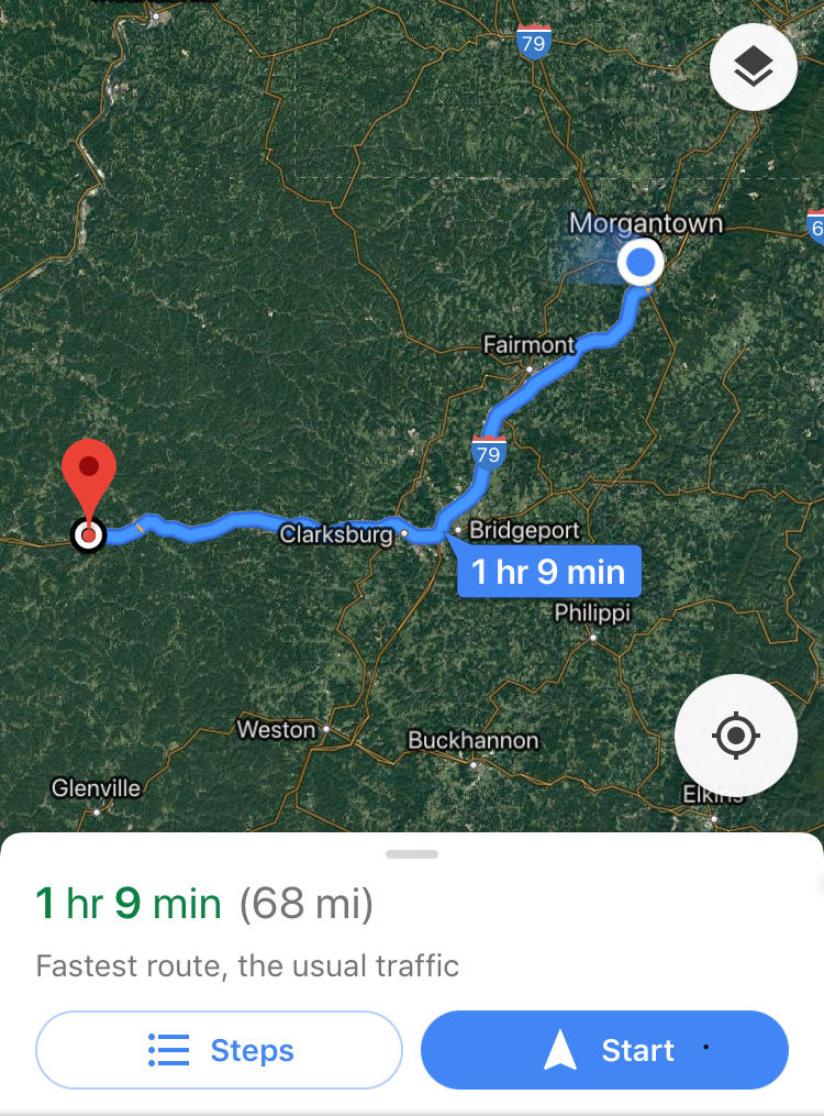 Map showing the distance between Morgantown, WV and North Central Regional Jail the distance is 68 miles.