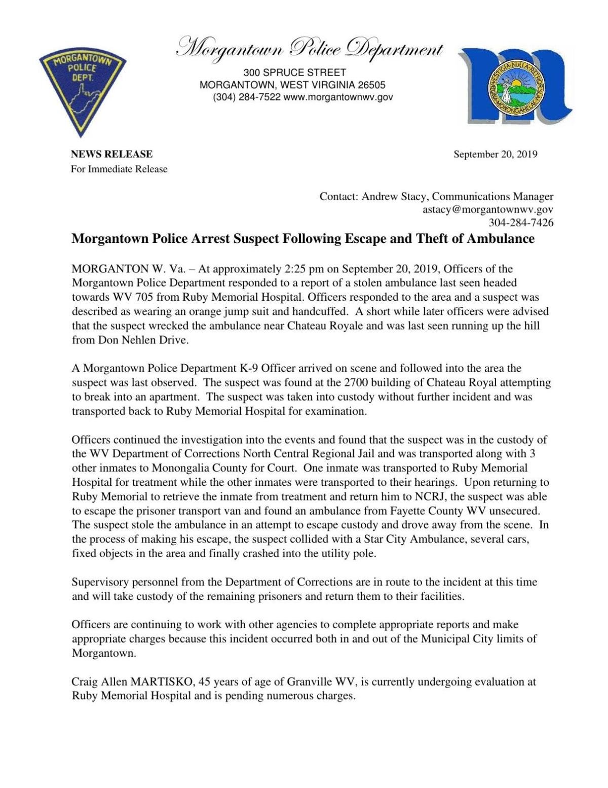 Escaped Inmate Detained By Morgantown Police Near Chateau Royale Apartments News Thedaonline Com