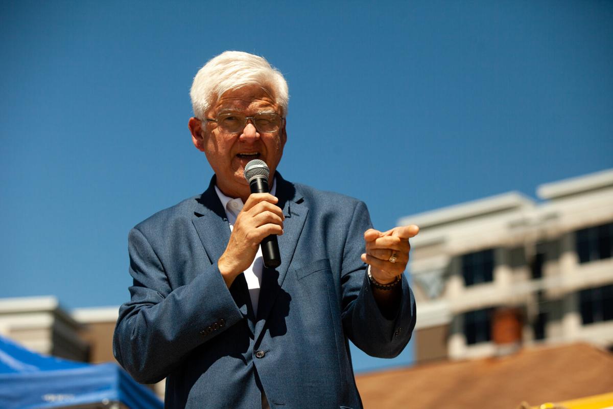 West Virginia treasure secretary John Perdue speaks at the ribbon cutting ceremony for Democratic gubernatorial candidate Ben Salango campaign's field office in Morgantown on August 19, 2020.