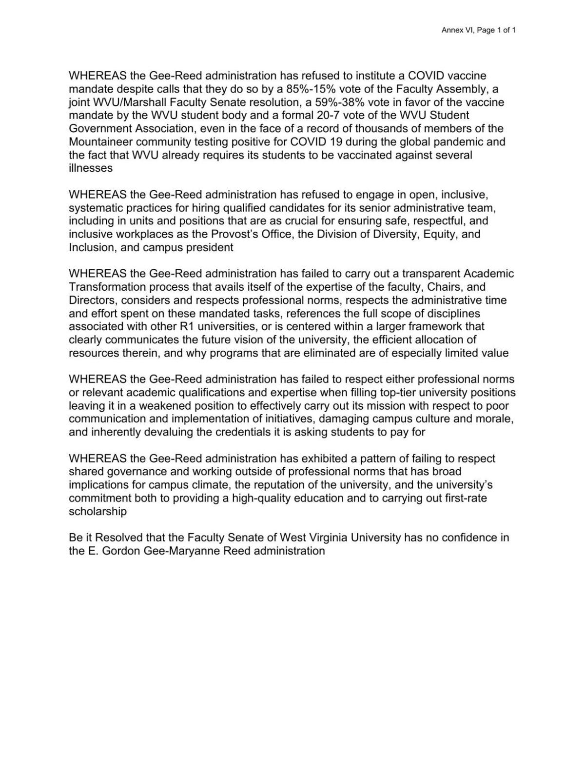 WVU Faculty Senate no-confidence resolution