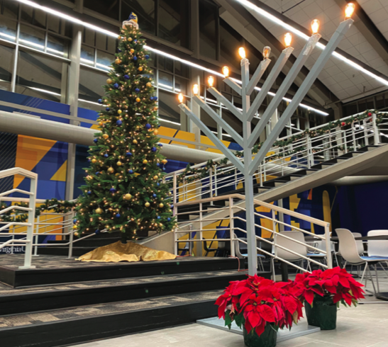 The Mountainlair displays a Menorah and a Christmas tree in celebration of the holidays.