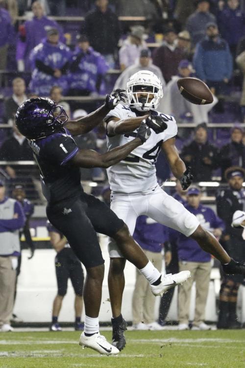West Virginia cornerback Hakeem Bailey deflects a pass intended for TCU wide receiver Jalen Reagor at Amon G. Carter Stadium on Nov. 29, 2019.