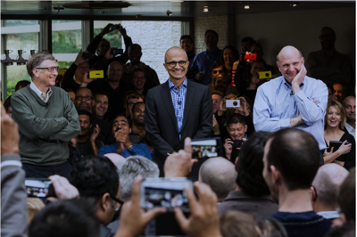 Satya Nadella, CEO of Microsoft, with former CEOs Bill Gates, and Steve Ballmer: CC BY-SA 4.0