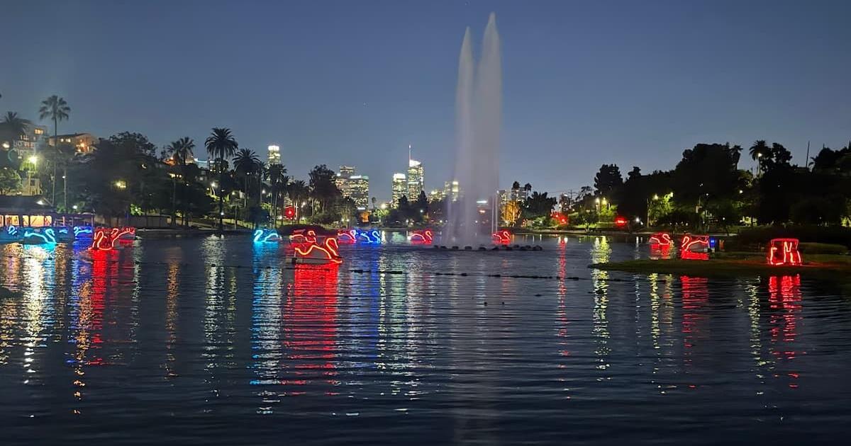 Echo Park Lake swan boats at night