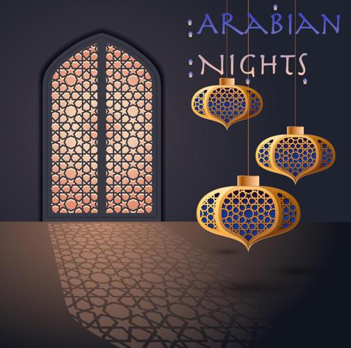 Illustration of door, hanging lanterns and the words Arabian Nights