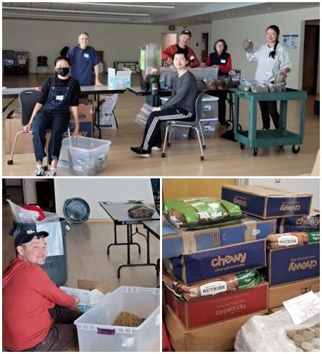 A collage of photos showing volunteers at animal shelter pet pantry