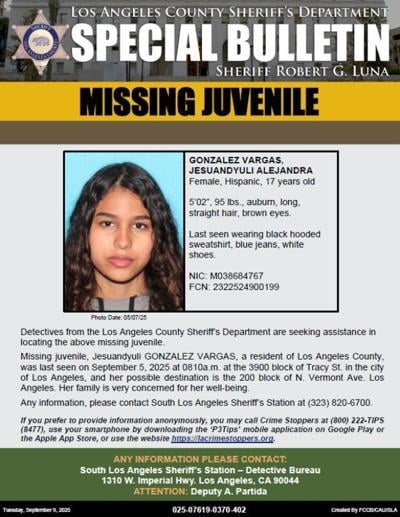 A missing juvenile poster for Jesusandyl Alejandra Gonzalez Vargas, a 17-year-old Hispanic female with long black hair and brown eyes, last seen in South Los Angeles. The notice includes her photo and contact information.


