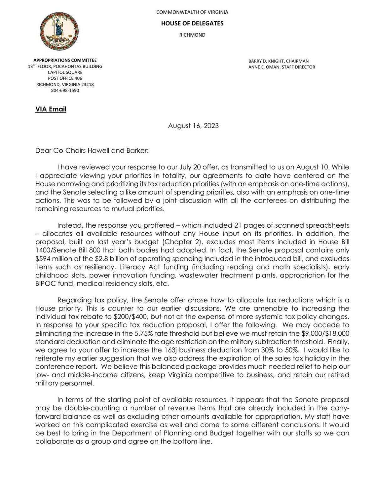 House's budget letter