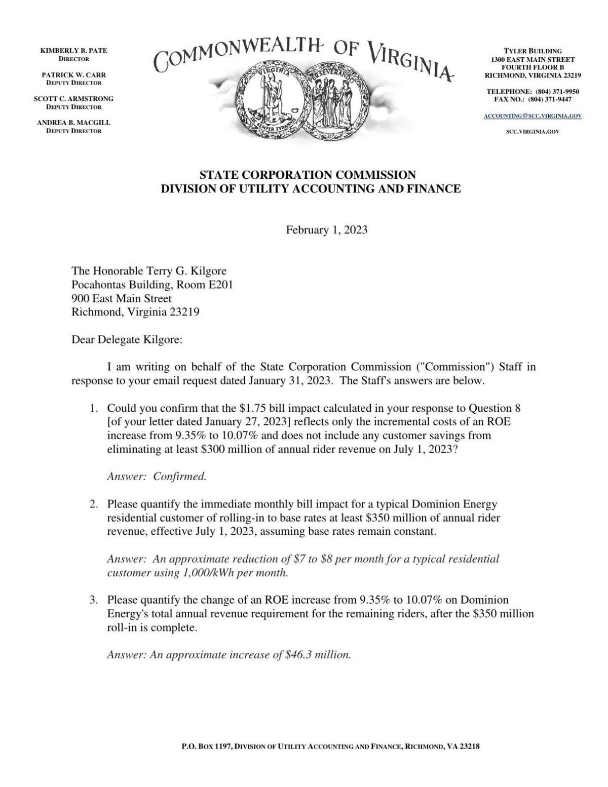 SCC letter to Del. Kilgore