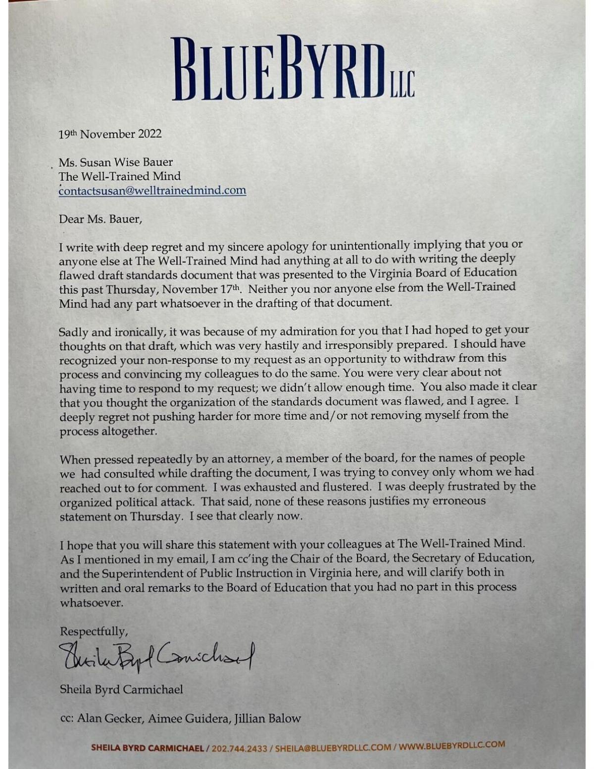 Sheila Byrd Carmichael letter
