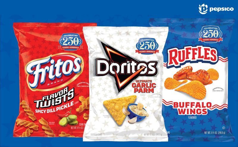 Many of Frito-Lay's snacks including Doritos Ultimate Garlic Parm, Fritos Flavor Twists Spicy Dill Pickle, and Ruffles Buffalo Wings have America’s 250th birthday packaging.