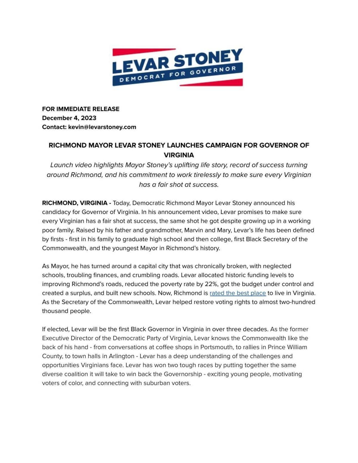 Levar Stoney release