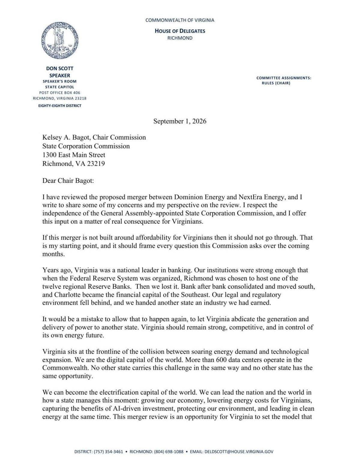 Speaker's letter on NextEra-Dominion
