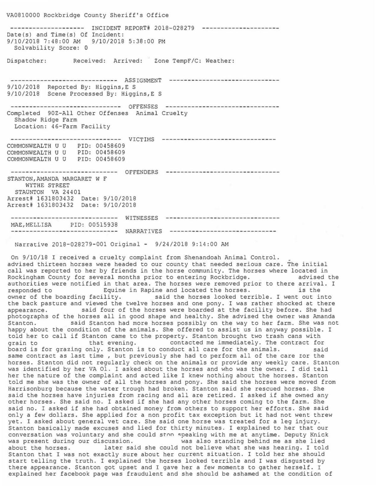 RCSO report on Serenity Bay Thoroughbred Rescue