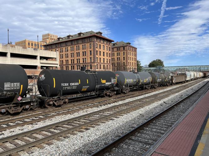 Tanker cars passing through downtown Roanoke Feb. 24, 2023
