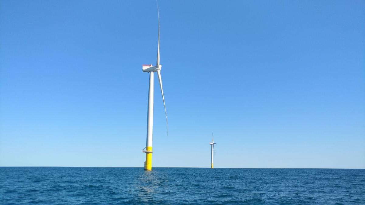Twin wind turbines in Dominion wind project