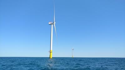Twin wind turbines in Dominion wind project