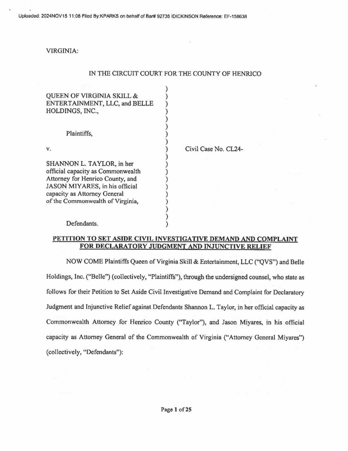Queen of Virginia lawsuit