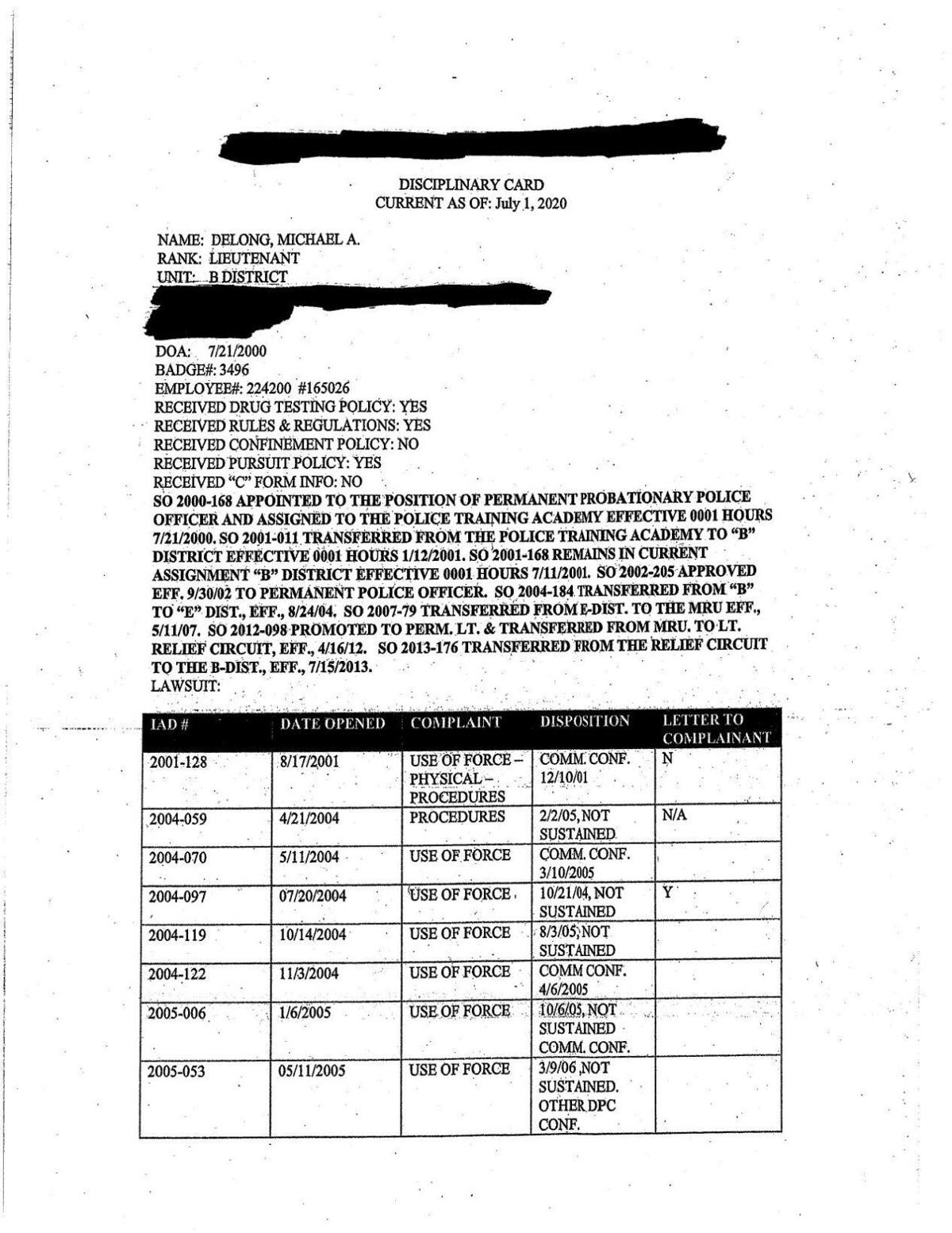 Lt. Michael DeLong's disciplinary card