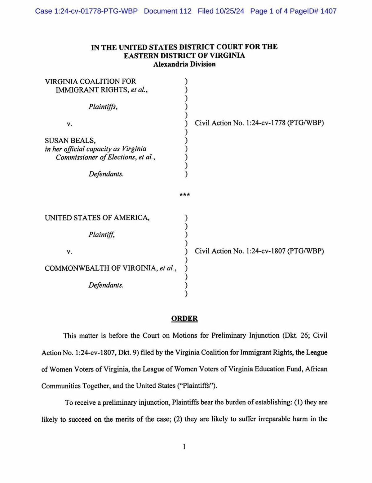 Order on Virginia voter list