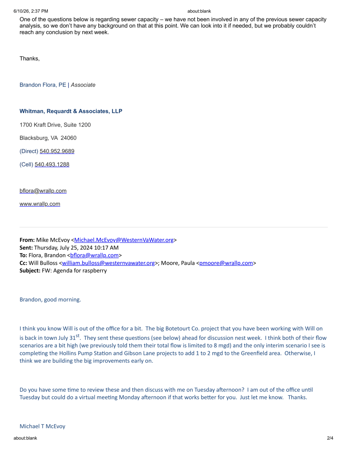 July 2024 Western Virginia Water Authority emails