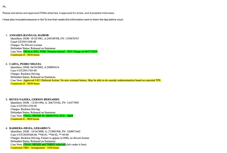 A snapshot of a list shared by ICE agents before enforcement activity at the Chesterfield County courthouse