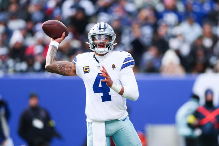Dallas Cowboys quarterback Dak Prescott (4) looks to pass during the second quarter against the New York Giants at MetLife Stadium in East Rutherford, New Jersey on Jan. 4, 2026.