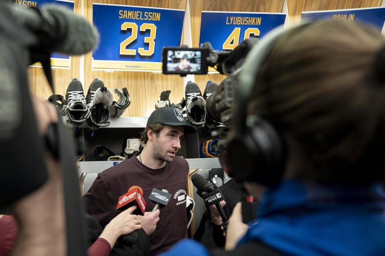 Mattias Samuelsson speaks with media at the end of the season