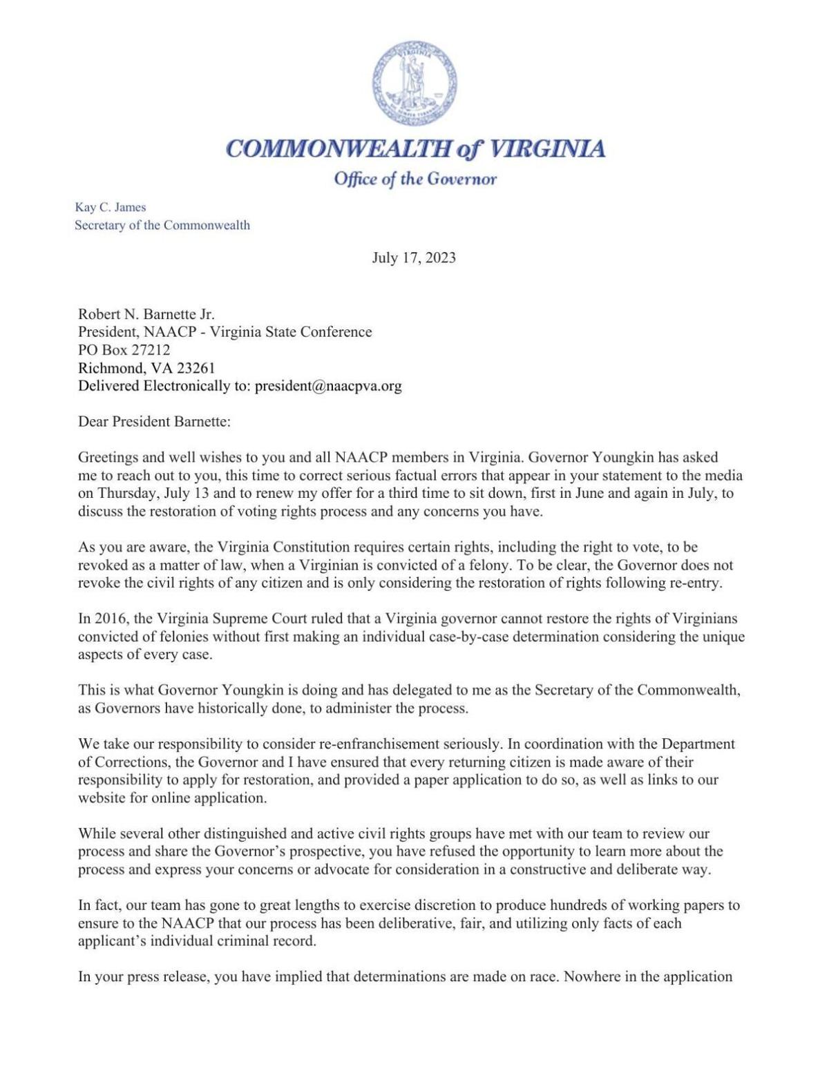 Kay Cole James' letter