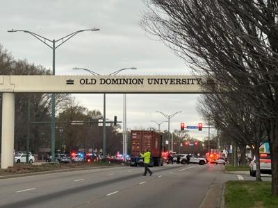 Police and emergency vehicles gathered Thursday morning, March 12, 2026, on Hampton Boulevard on the campus of Old Dominion University.
