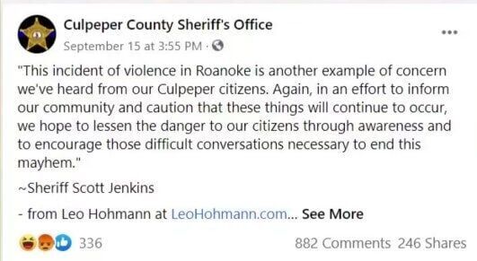 Culpeper sheriff Facebook Post about Roanoke mayhem