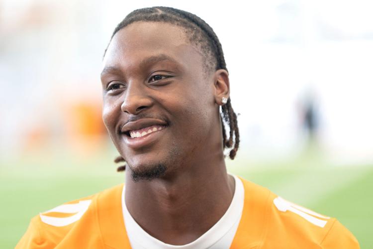Tennessee quarterback Faizon Brandon (11) speaks to the media during Tennessee football’s media day on Aug. 4, 2026.