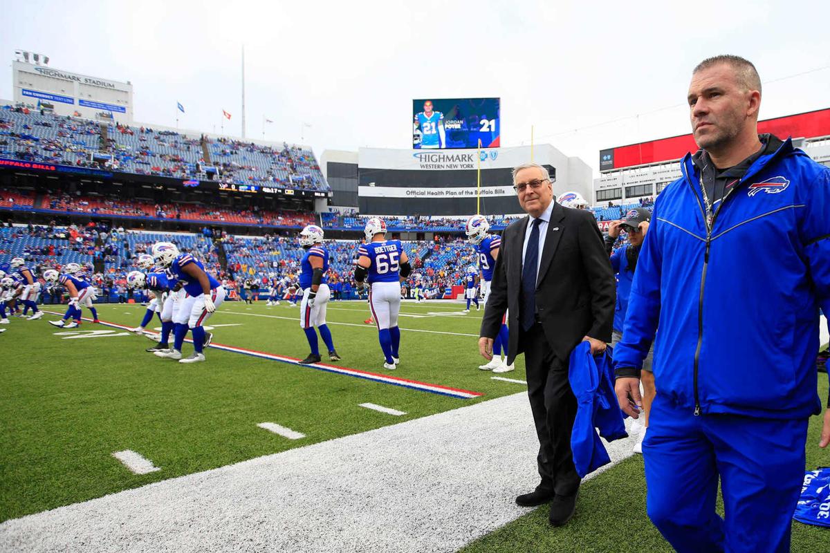 Terry Pegula walks the sidelines at Highmark Stadium