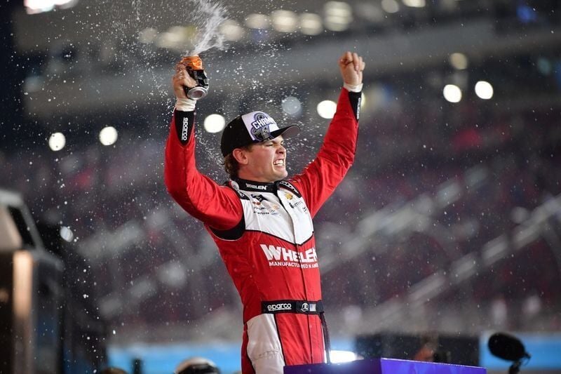 Nov 1, 2025; Avondale, Arizona, USA; NASCAR Xfinity Series driver Jesse Love (2) celebrates his victory of the Xfinity Series Championship race at Phoenix Raceway.