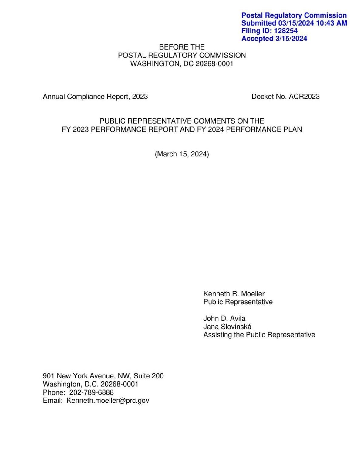 Comments by PRC's Public Representative on USPS service