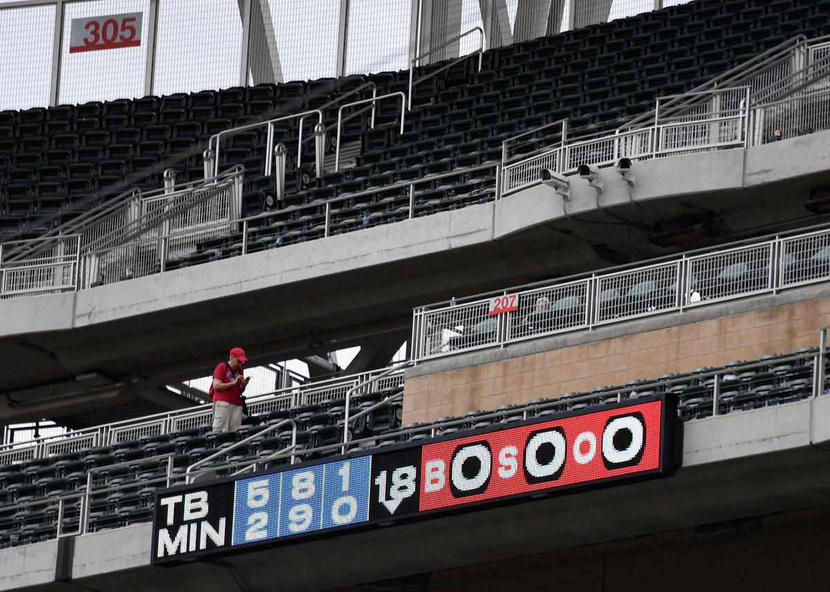 The scoreboard shows the visiting Tampa Bay Rays have defeated the Minnesota Twins on June 27, 2019, at Target Field in Minneapolis.