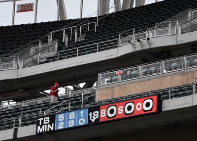 The scoreboard shows the visiting Tampa Bay Rays have defeated the Minnesota Twins on June 27, 2019, at Target Field in Minneapolis.