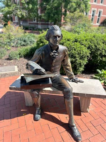 A sculpture of Thomas Jefferson by George Lundeen at the University of Missouri next to the David R. Francis Quadrangle. Another edition has been placed in the White Rose Garden.