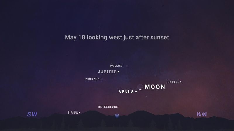 This graphic can help skygazers spot the moon and Venus in the night sky together Monday, May 18 during a celestial event known as a conjunction.
