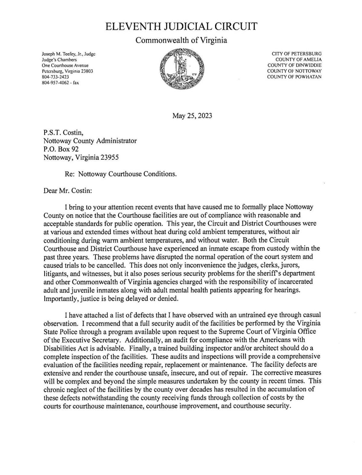 Letter from 11th Judicial Circuit Court Judge Joseph Teefey Jr.