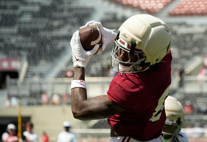 Alabama Crimson Tide wide receiver Cederian Morgan (8) makes a catch for a touchdown at Bryant-Denny Stadium during the Alabama A Day scrimmage.
