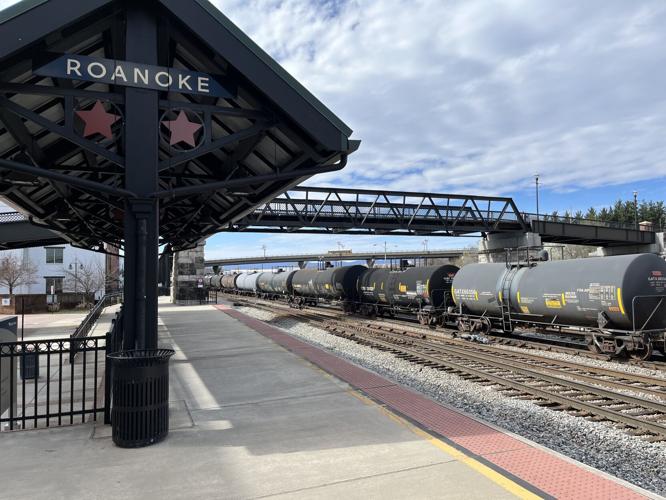 Tanker cars passing through downtown Roanoke Feb. 24, 2023
