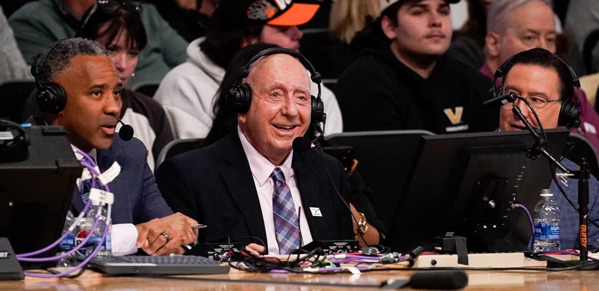 Dick Vitale broadcasts during the second half of a game between Vanderbilt and Tennessee at Memorial Gym in Nashville, Tenn., Saturday, Feb. 21, 2026.