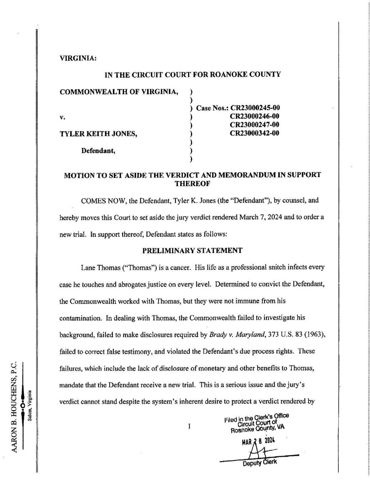 Commonwealth of Virginia v. Tyler Keith Jones - Motion to Set Aside Verdicts