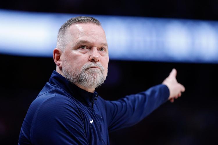 Apr 1, 2025; Denver, Colorado, USA; Denver Nuggets head coach Michael Malone in the second quarter against the Minnesota Timberwolves at Ball Arena. Mandatory Credit: Isaiah J. Downing-Imagn Images